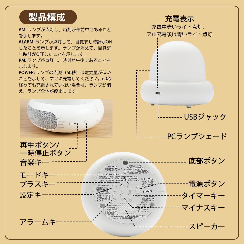 【新品発売】音楽ナイトライト 授乳ライト タイマー機能搭載 充電式 ナイトライト コードレス バッテリー内蔵 無段階調光 360°照明可能と 183g超軽量 柔らかな光 均一発光 ABS素材 子供にも安心 PSE認証済 12ヶ月安心保証