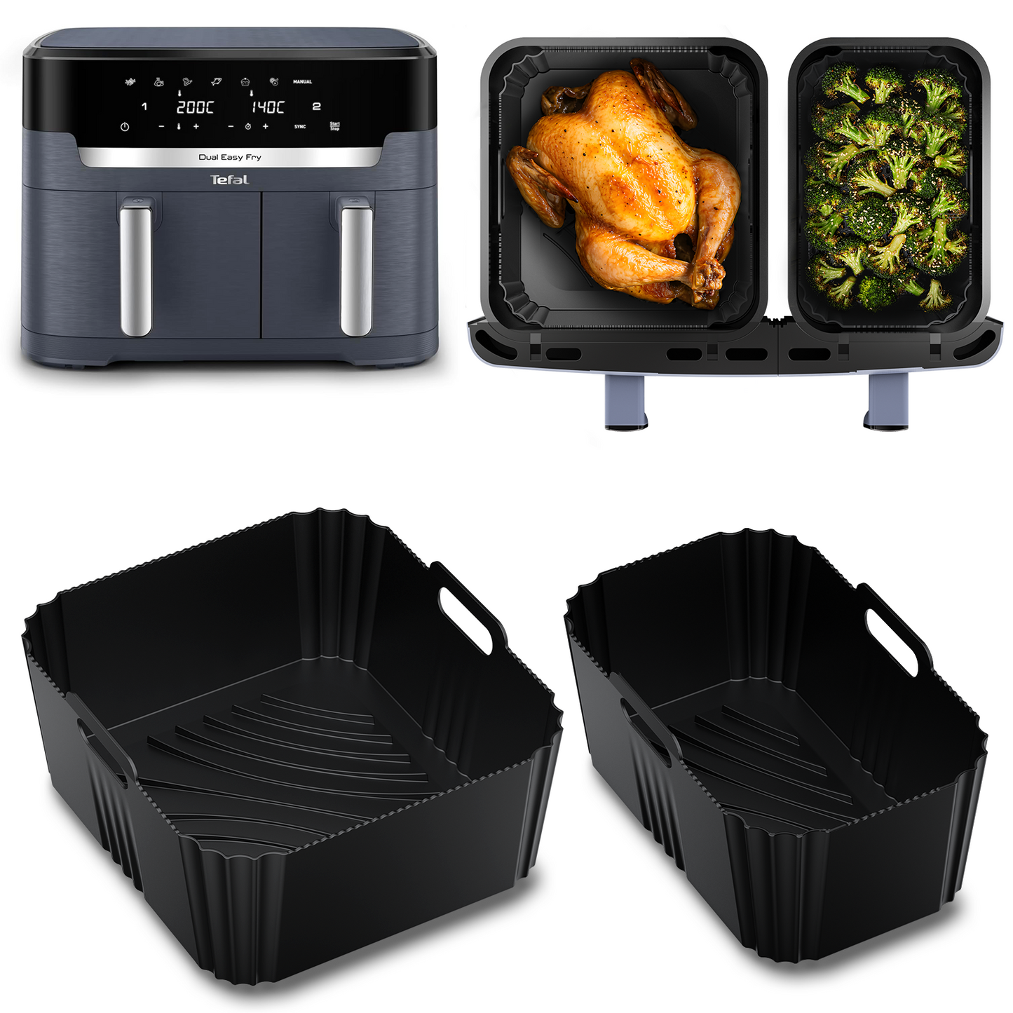 Air Fryer Accessories for Tefal Dual Easy Fry XXL，2-Pack Reusable Silicone air Fryer Liners