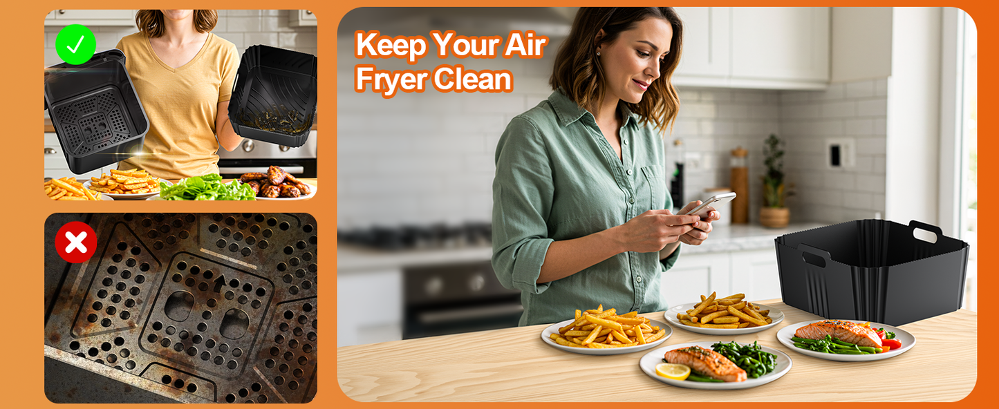 Air Fryer Accessories for Tefal Dual Easy Fry XXL，2-Pack Reusable Silicone air Fryer Liners